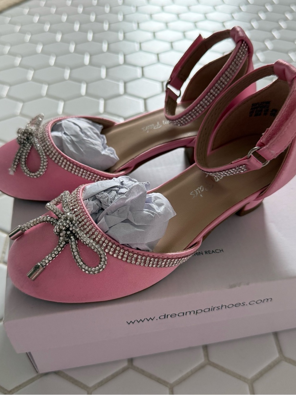 Girls' Pink Ankle-Strap Dreamy Dress Flats with Bow and Rhinestones